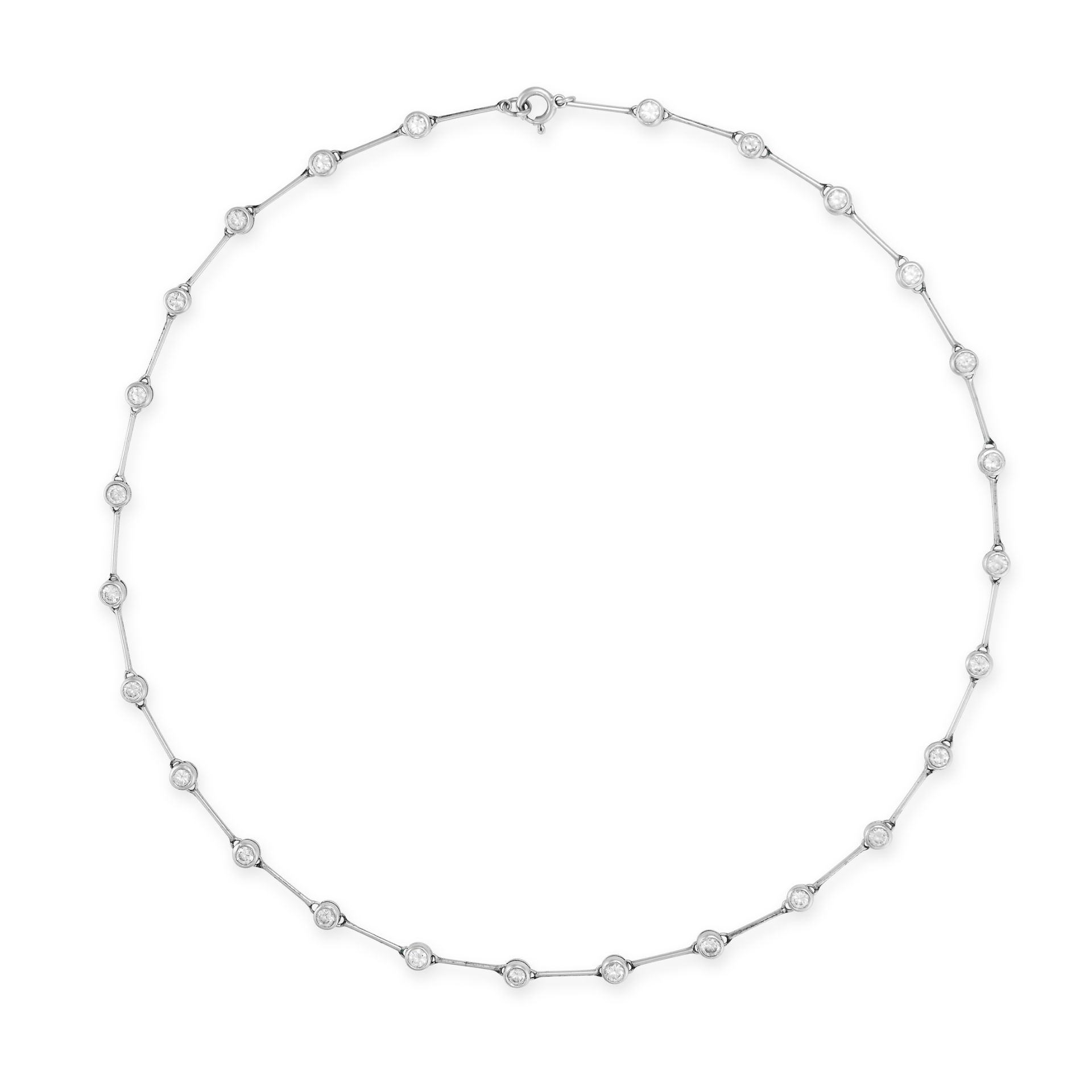 A DIAMOND NECKLACE in 14ct white gold, comprising a row of round brilliant cut diamonds, the diam...