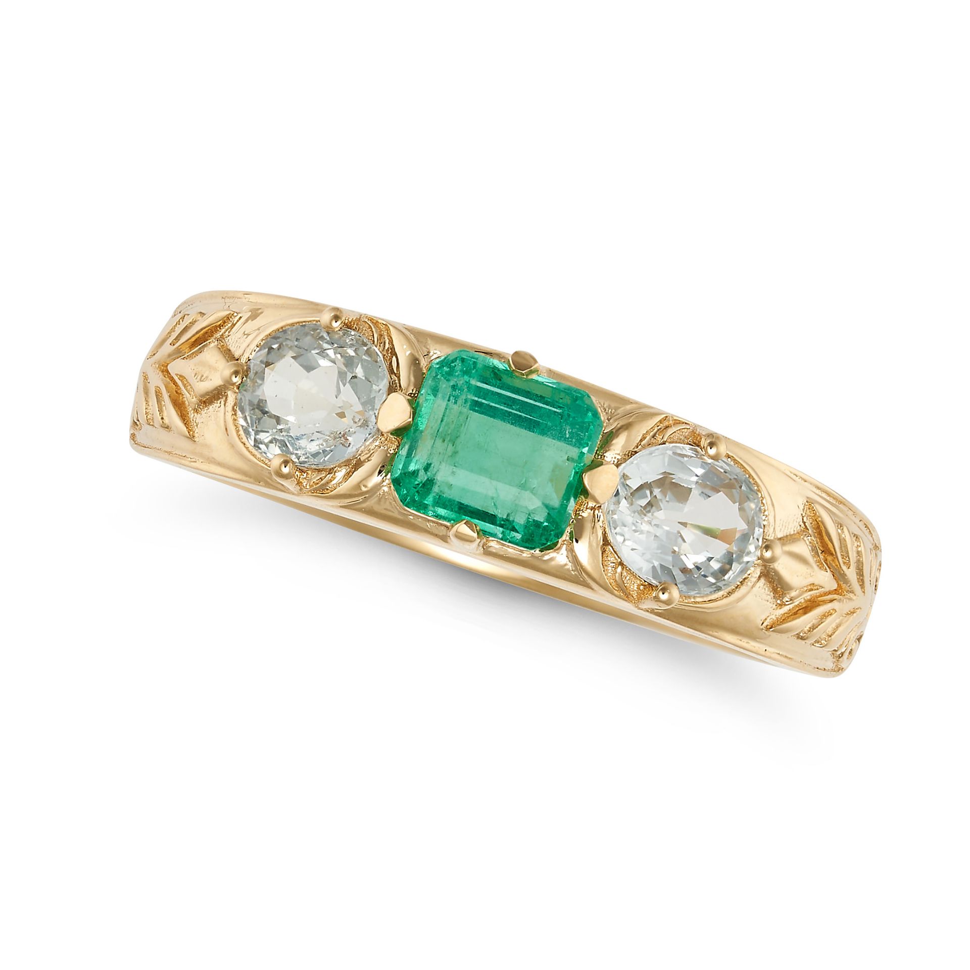 AN EMERALD AND SAPPHIRE THREE STONE RING in 18ct yellow gold, set with an octagonal step cut emer...