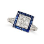 A SAPPHIRE AND DIAMOND TARGET RING in platinum, the square face set with a cluster of old cut dia...