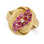 A RUBY AND DIAMOND DRESS RING in yellow gold, comprising twisted wirework accented by a single cu...