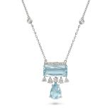 AN AQUAMARINE AND DIAMOND PENDANT NECKLACE in 18ct white gold, the trace chain set with four rose...