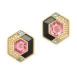 MARINA B, A PAIR OF PINK TOURMALINE, AQUAMARINE, ONYX AND DIAMOND EARRINGS in 18ct yellow gold, e...