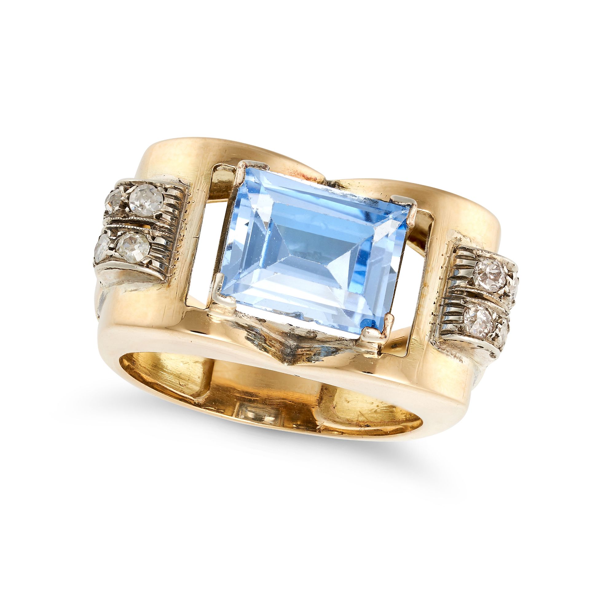 A RETRO SYNTHETIC SPINEL AND DIAMOND RING in yellow gold, set with a rectangular step cut blue sy...