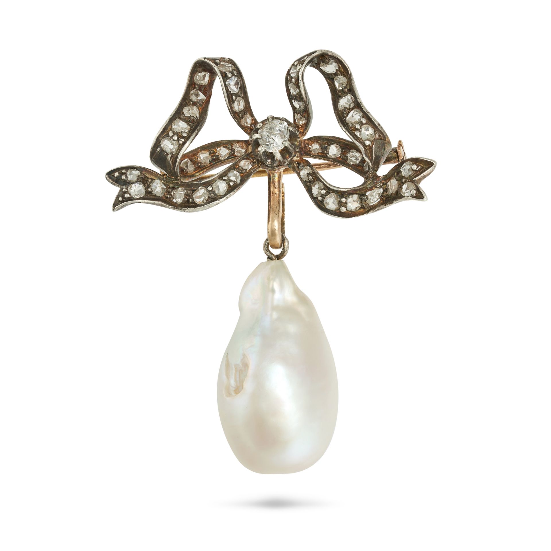 A DIAMOND AND PEARL BOW BROOCH in yellow gold and silver, designed as a bow set with old and rose...