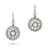 A PAIR OF PEARL DIAMOND CLUSTER DROP EARRINGS in platinum and yellow gold, each set with a round ...