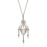 AN ANTIQUE EDWARDIAN DIAMOND AND PEARL PENDANT NECKLACE in platinum, silver, and yellow gold, the...