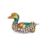 AN ANTIQUE DIAMOND AND ENAMEL DUCK BROOCH in yellow gold and silver, designed as a mallard set wi...