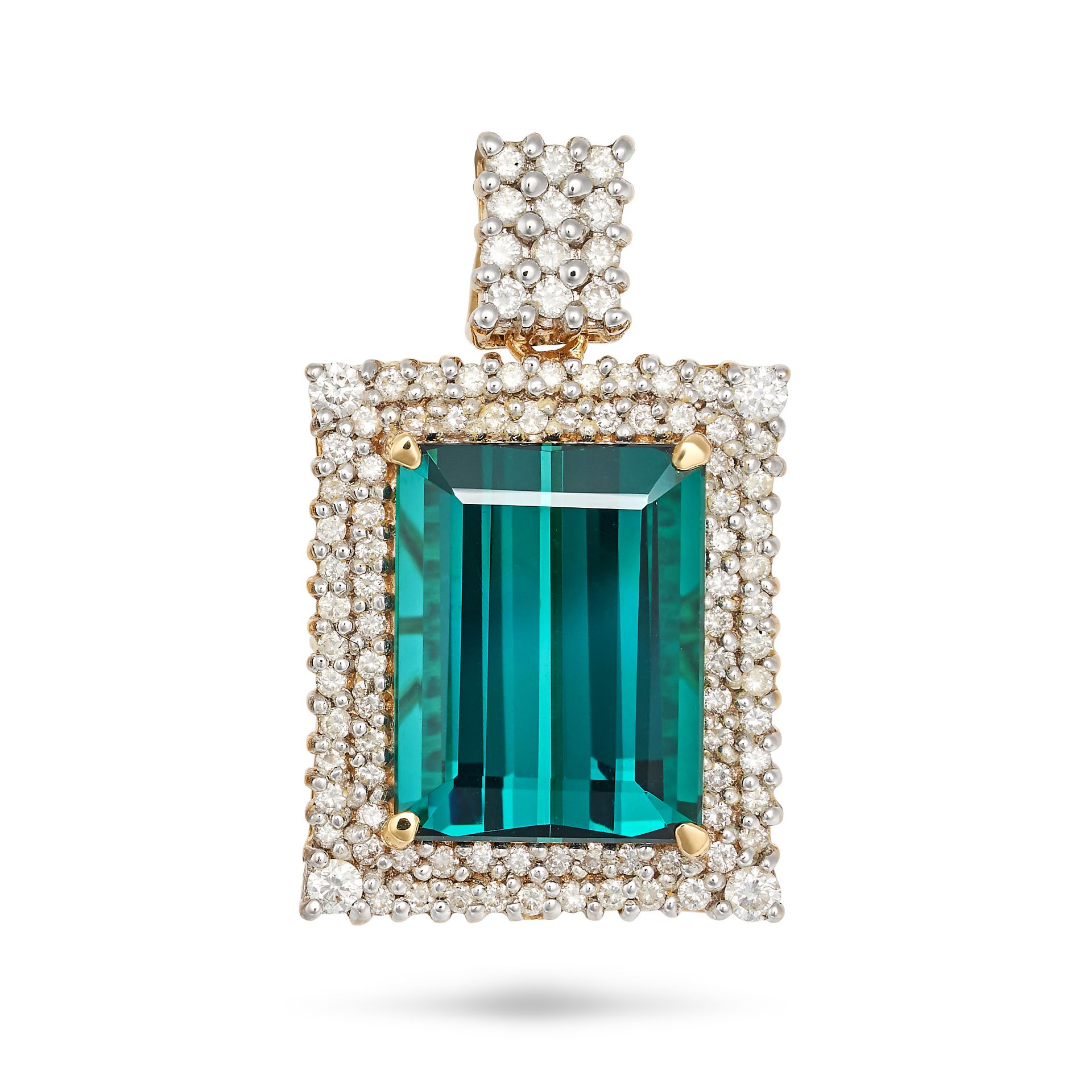 A GREEN TOURMALINE AND DIAMOND PENDANT in 18ct yellow gold, set with a rectangular step cut green...