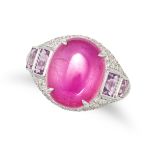 A RUBY, AMETHYST AND DIAMOND RING in 18ct white gold, set with an oval cabochon ruby of 10.80 car...