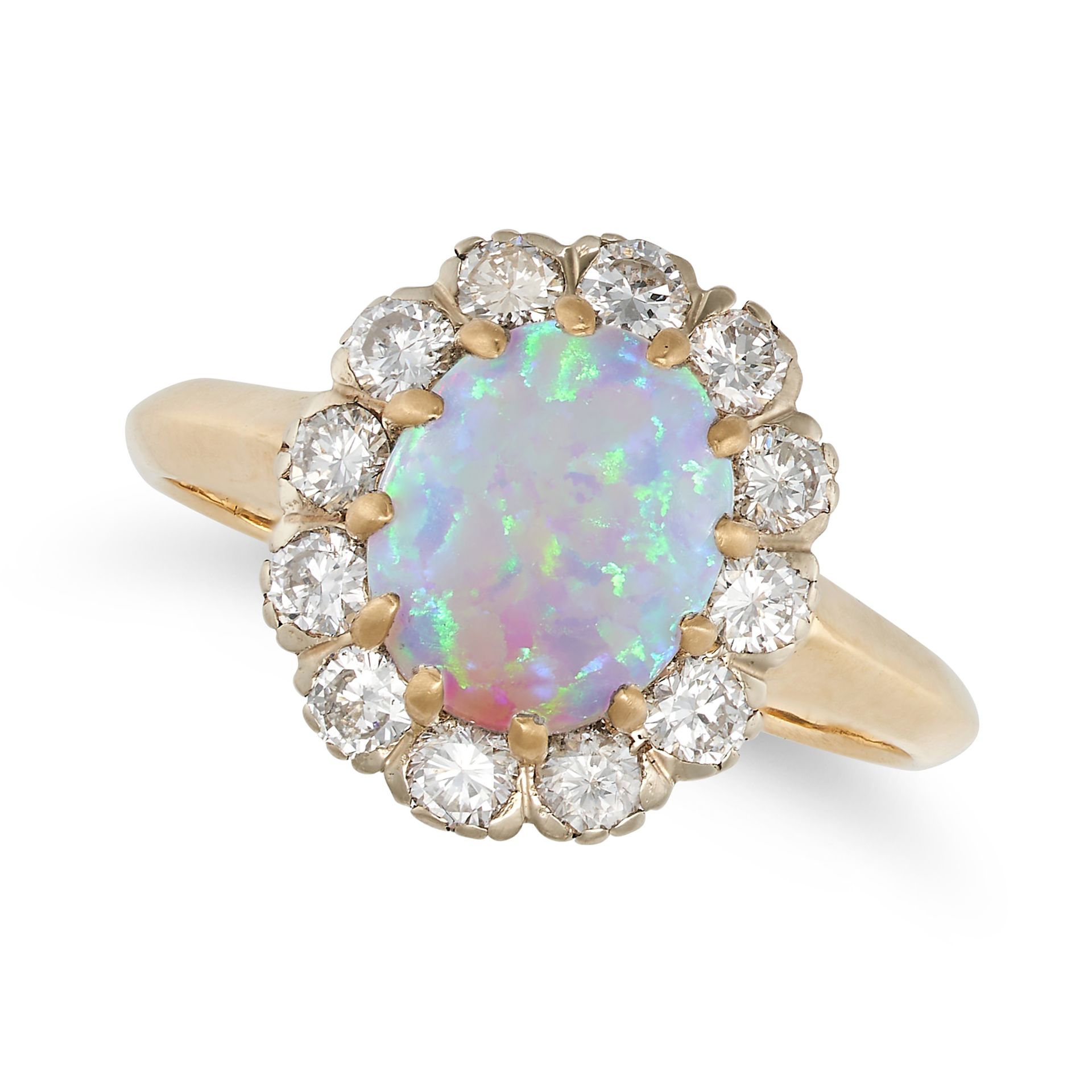 AN OPAL AND DIAMOND CLUSTER RING in yellow gold, set with an oval cabochon opal in a cluster of r...