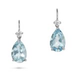 A PAIR AQUAMARINE AND DIAMOND DROP EARRINGS in white gold, each set with a round brilliant cut di...