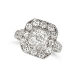 A DIAMOND CLUSTER RING in platinum, set with an octagonal step cut diamond of approximately 1.10 ...