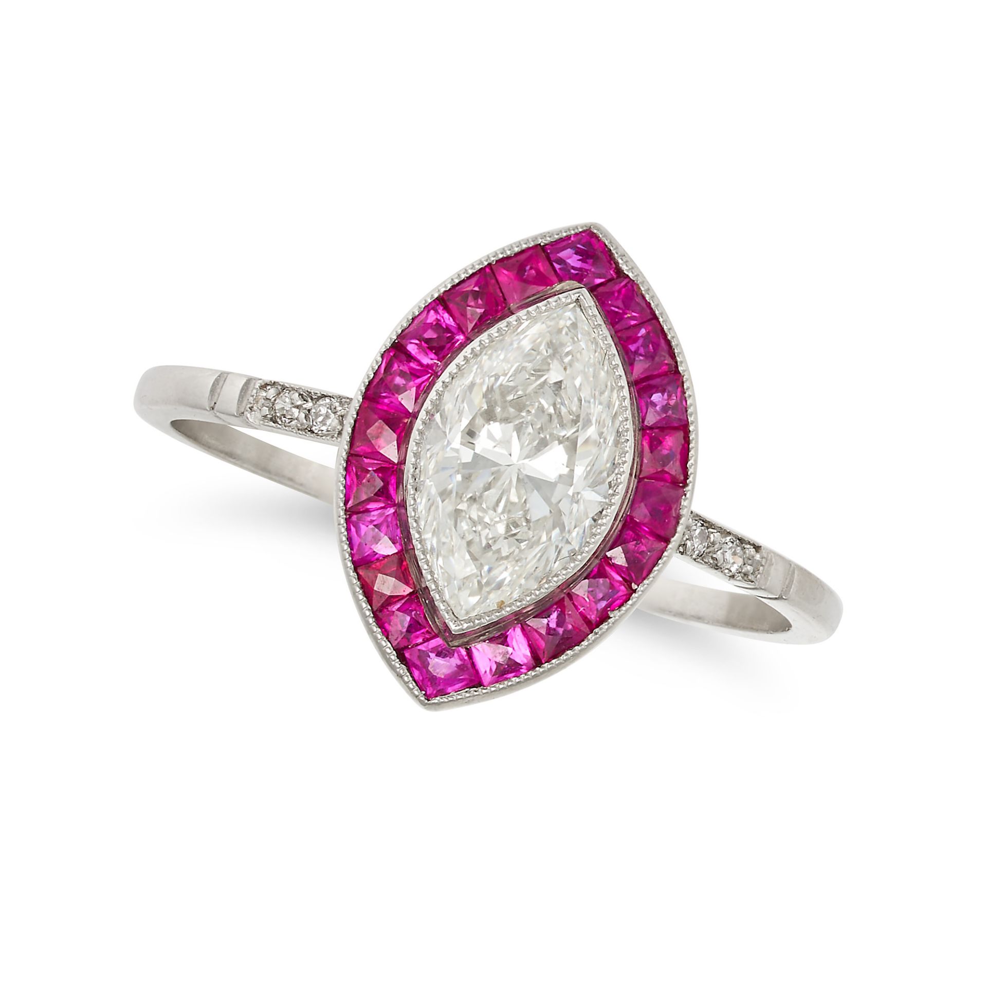 A DIAMOND AND RUBY TARGET RING in platinum, set with a marquise cut diamond of 1.02 carats in a b...