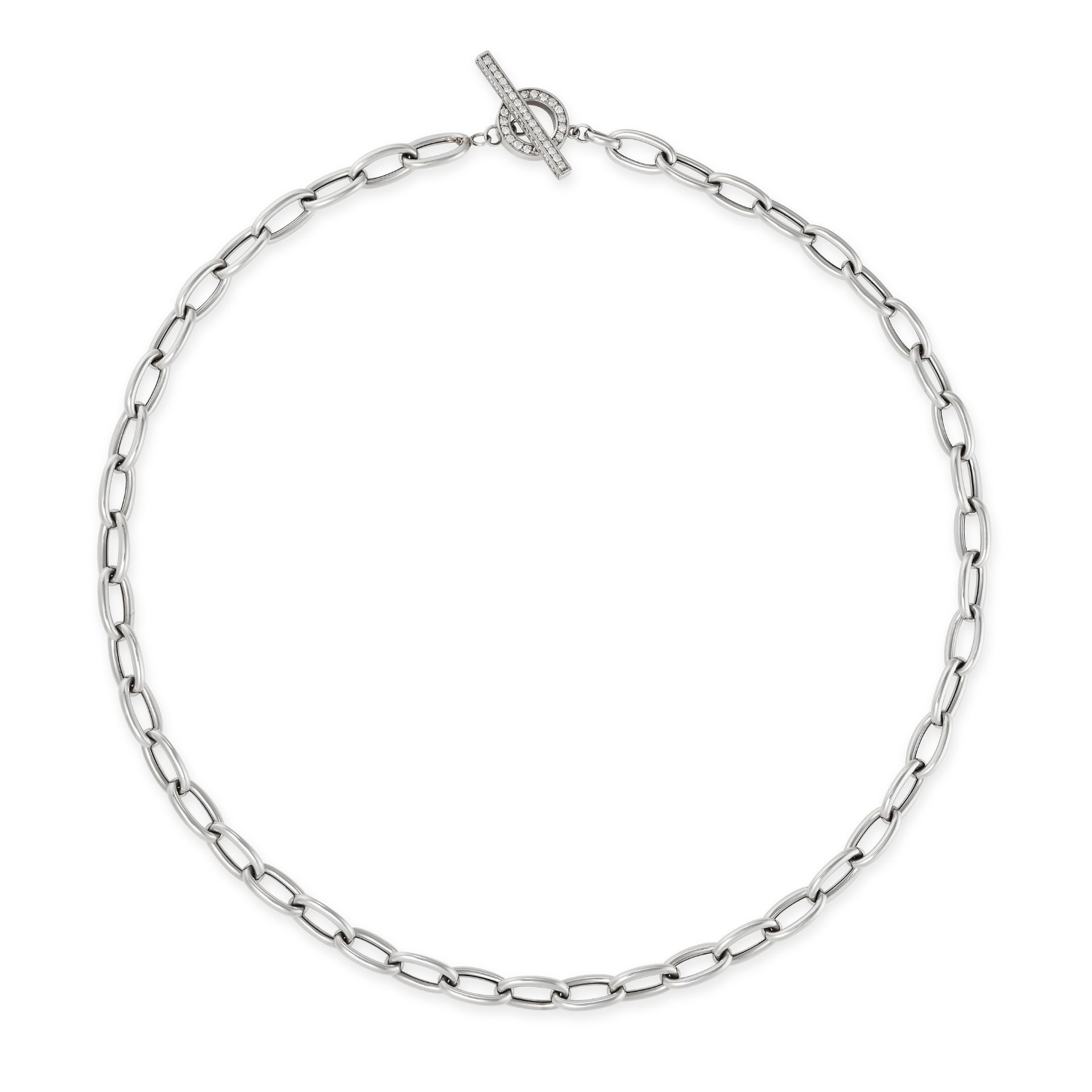 A DIAMOND FANCY LINK CHAIN NECKLACE in white gold, comprising a row of interlocking oval links, t...