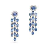 A PAIR OF SAPPHIRE AND DIAMOND DROP EARRINGS in 18ct white gold, each comprising an oval cut sapp...