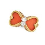 A CORAL AND DIAMOND DRESS RING in 18ct yellow gold, designed as a stylised butterfly set with two...