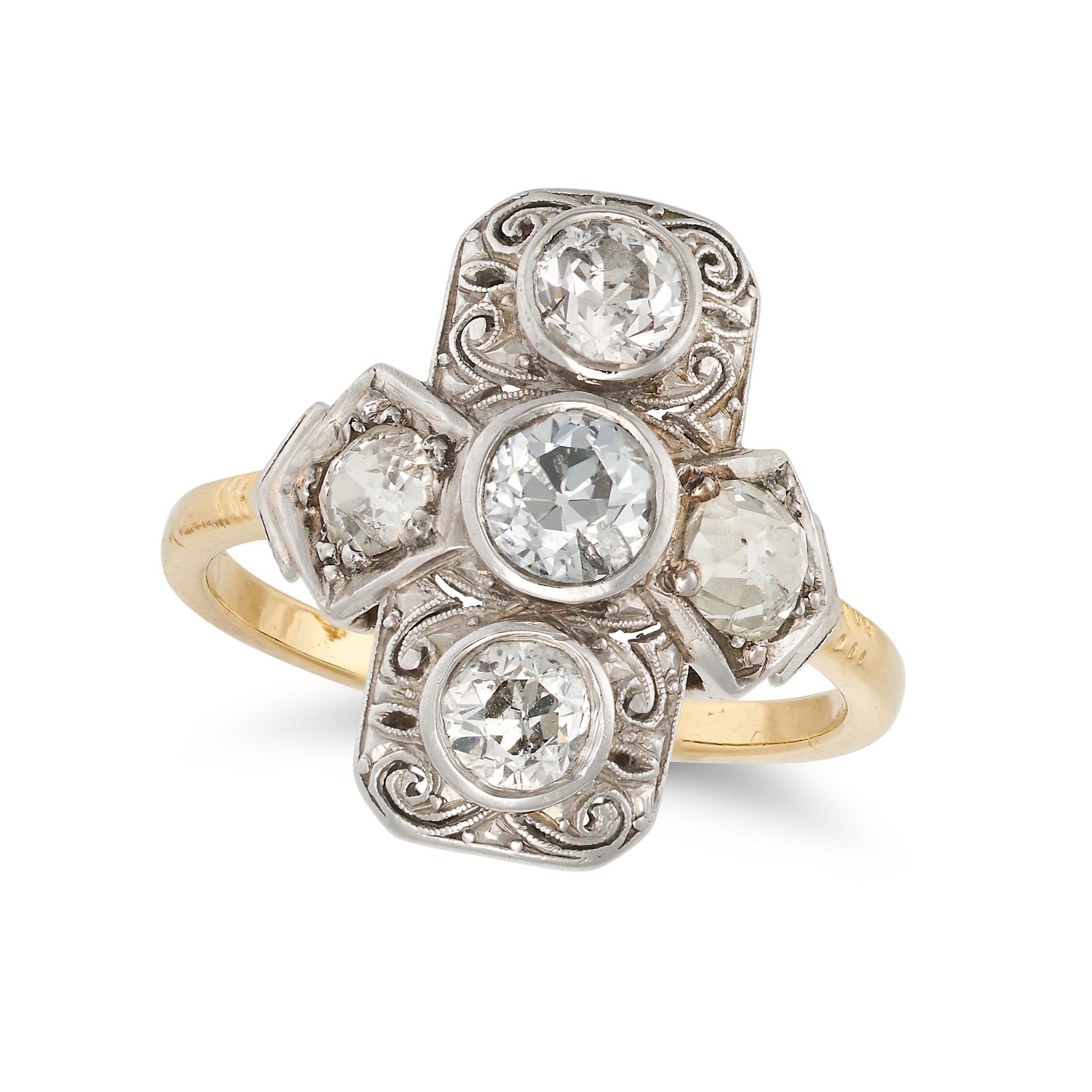 AN ANTIQUE DIAMOND DRESS RING in yellow gold, set with a row of three old cut diamonds, accented ...