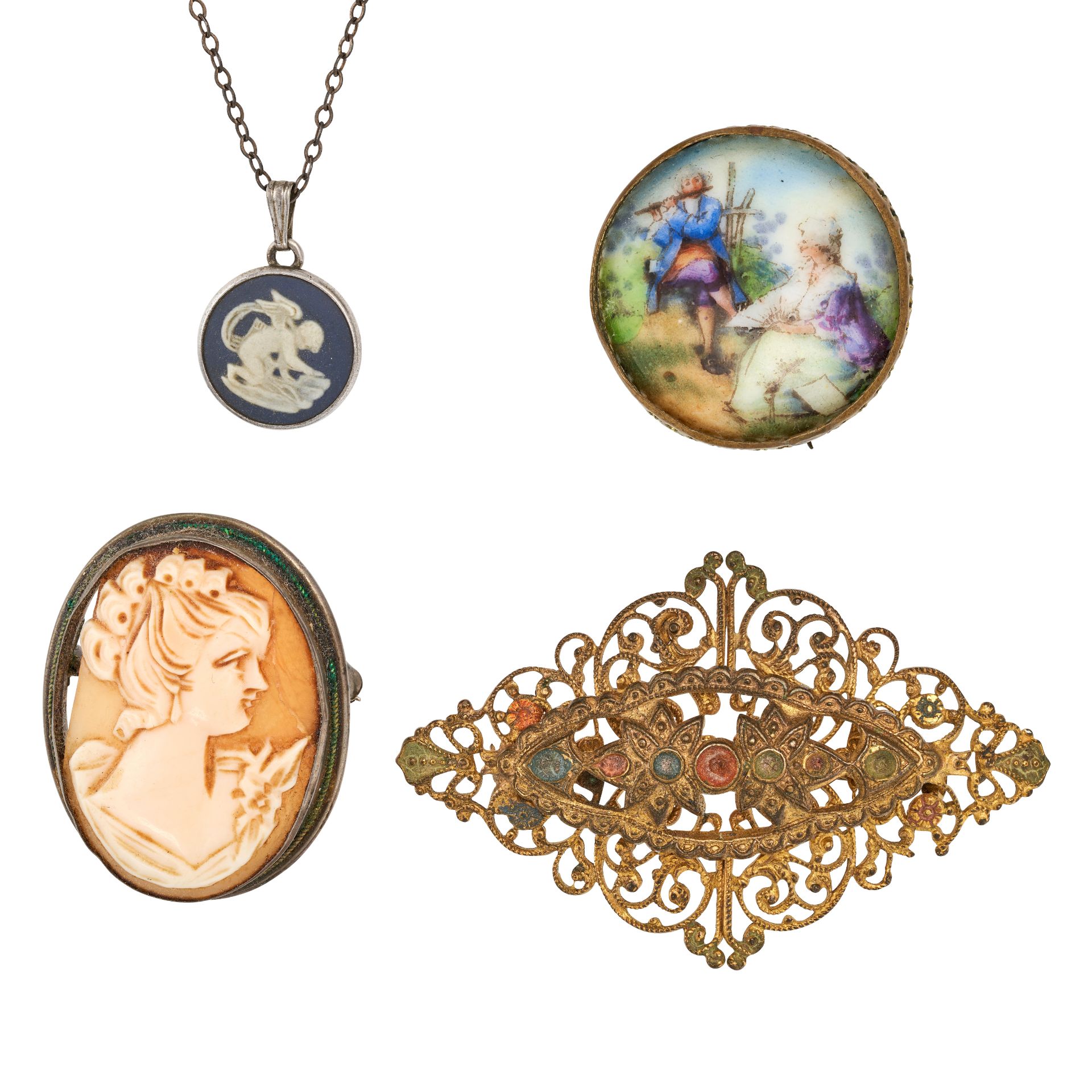 NO RESERVE - A COLLECTION OF JEWELLERY including a brooch set with a painted scene on ceramic, no...
