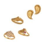 A COLLECTION OF GOLD JEWELLERY in 22ct yellow gold, comprising three rings and one pair of earrin...