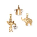 A COLLECTION OF THREE GOLD CHARMS in 18ct yellow gold, including a charm designed as an angel, st...