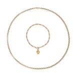 A GOLD CHAIN NECKLACE AND BRACELET in 18ct yellow gold, the necklace comprising a series of belch...