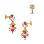 A PAIR OF SYNTHETIC RUBY AND CUBIC ZIRCONIA EARRINGS in 21ct yellow gold, each earring designed a...