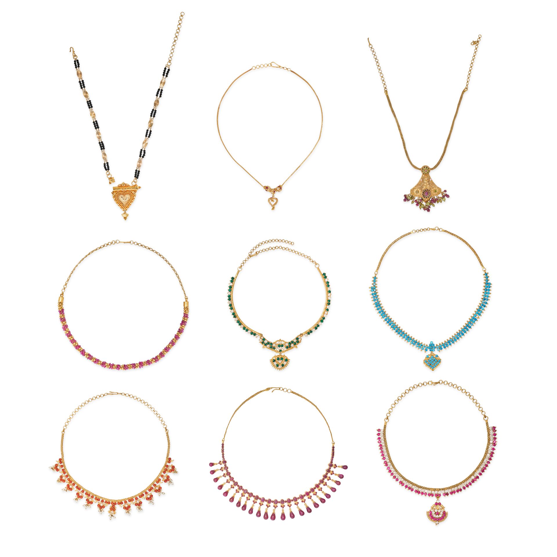 A LARGE COLLECTION OF GOLD JEWELLERY in high carat yellow gold, including twelve necklaces set wi...
