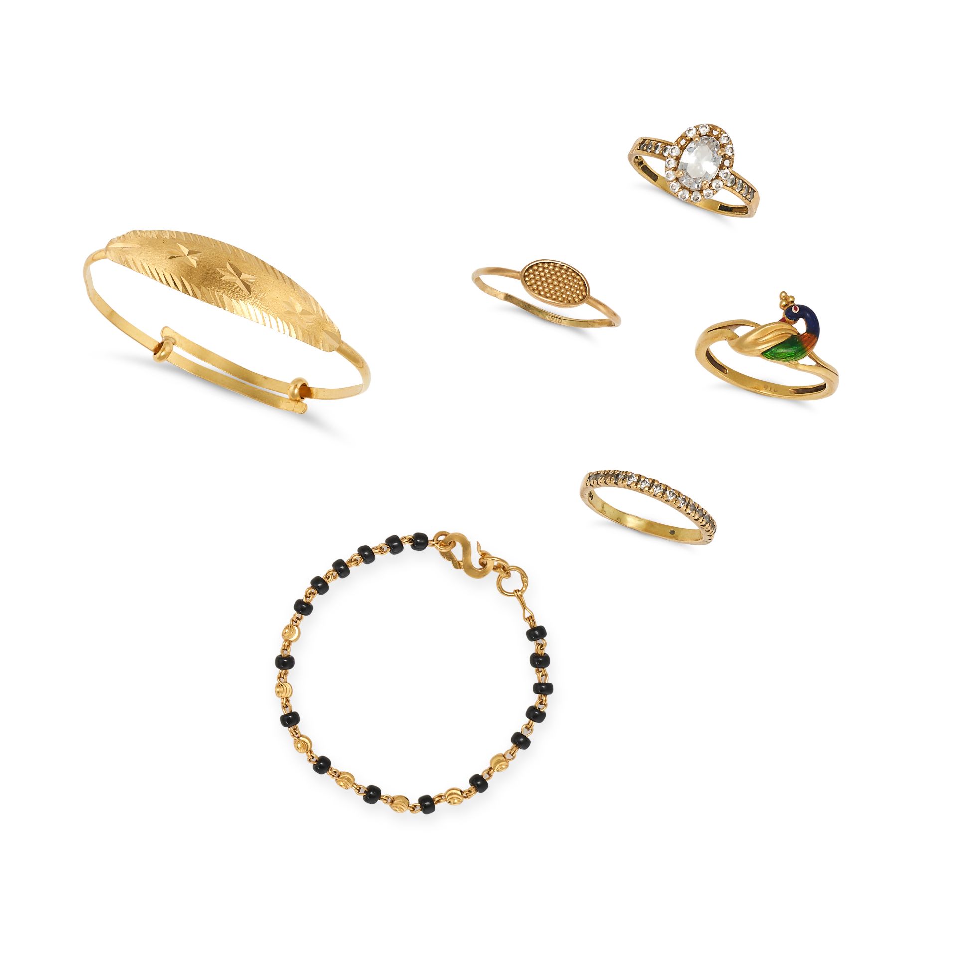 A COLLECTION OF GOLD JEWELLERY comprising four gold rings set with white gemstones, enamel detail... - Bild 2 aus 2