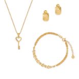 A COLLECTION OF GOLD JEWELLERY comprising a pair of 22ct yellow gold hoop earrings with relief mo...