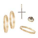 A COLLECTION OF GOLD JEWELLERY including a pair of earrings in 14ct yellow gold, the earrings wit...