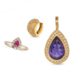 A COLLECTION OF GOLD JEWELLERY comprising an amethyst and diamond pendant, stamped 14CT, 3.7cm, a...