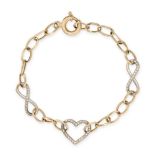 A GOLD BRACELET in 14ct yellow and white gold, with heart and infinity motifs, set with white gem...