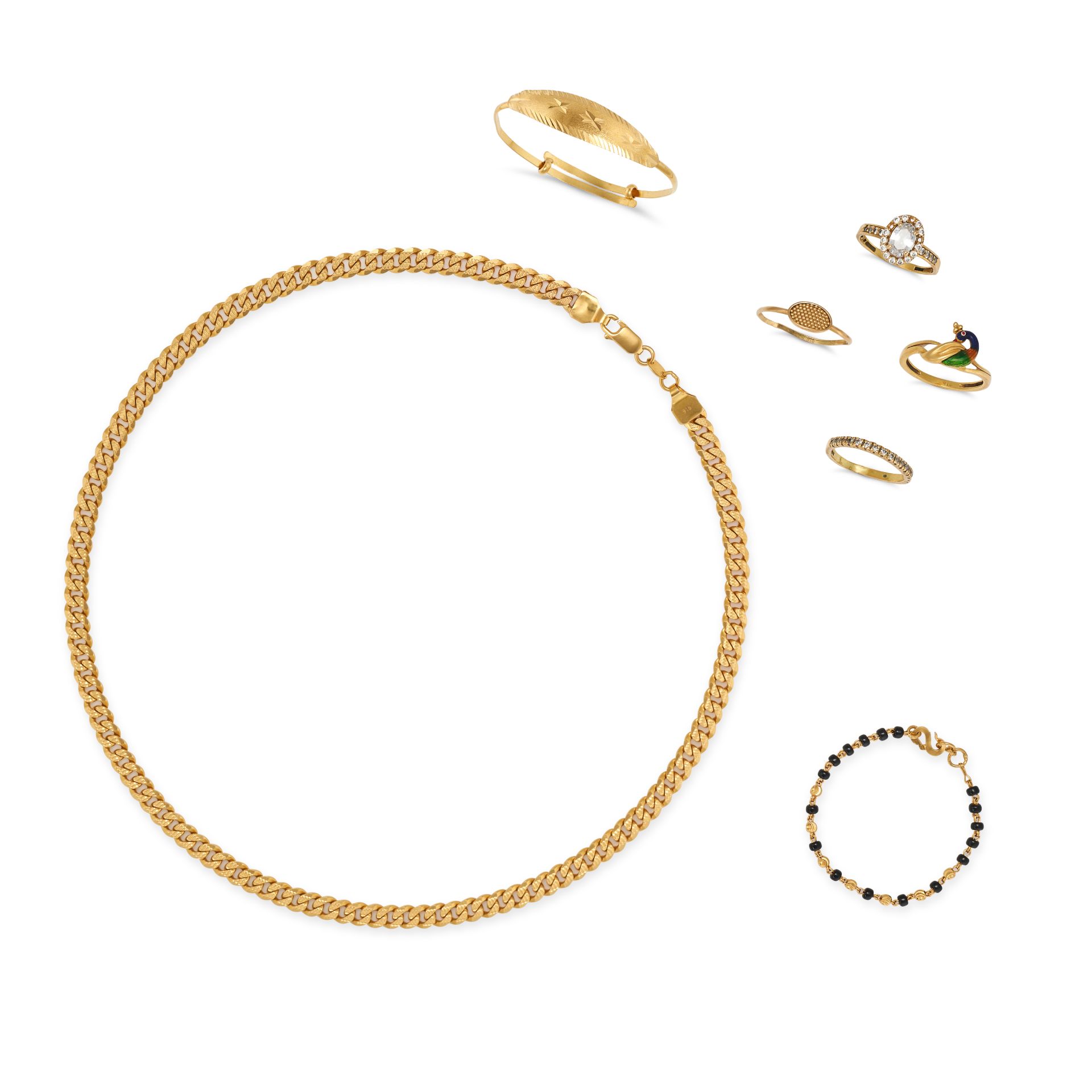 A COLLECTION OF GOLD JEWELLERY comprising four gold rings set with white gemstones, enamel detail...