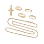 A COLLECTION OF GOLD JEWELLERY including a chain in 9ct yellow gold, 55.0cm, four gold rings in 1...