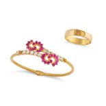 A COLLECTION OF GOLD JEWELLERY in 22ct yellow gold, the hinged bangle set with synthetic rubies a...