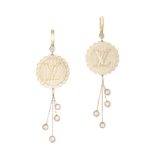 A PAIR OF CUBIC ZIRCONIA EARRING in 14ct yellow gold, each earring with a circular motif and an L...