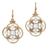 A PAIR OF AQUAMARINE, DIAMOND, AND PEARL DROP EARRINGS in yellow gold, each earring in an openwor...