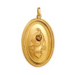 AN ANTIQUE GOLD LOCKET PENDANT in yellow gold, the hinged oval locket in foliate design, opening ...