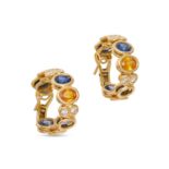 A PAIR OF SAPPHIRE AND DIAMOND HOOP EARRINGS in 18ct yellow gold, each set inside out with a row ...