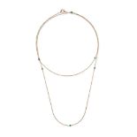 AN ANTIQUE TURQUOISE LONG CHAIN NECKLACE in 9ct yellow gold, the long trace chain accented by six...