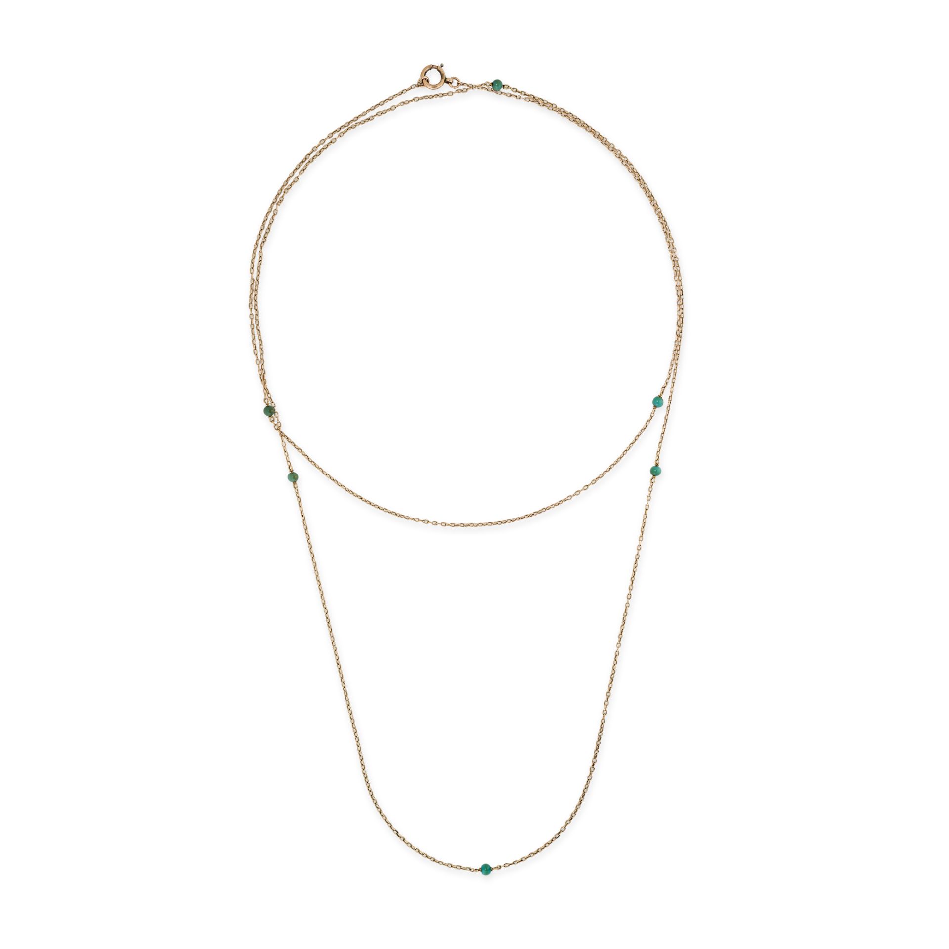 AN ANTIQUE TURQUOISE LONG CHAIN NECKLACE in 9ct yellow gold, the long trace chain accented by six...