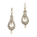 A PAIR OF ANTIQUE PEARL AND DIAMOND EARRINGS in yellow gold and silver, each set with a pearl sus...