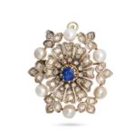 AN ANTIQUE SAPPHIRE, DIAMOND AND PEARL BROOCH / PENDANT in openwork foliate design, set to the ce...