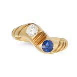 A SAPPHIRE AND DIAMOND RING in 14ct yellow gold, set with a round cut sapphire and round brillian...