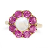 A MOONSTONE AND RUBY CLUSTER RING in 9ct yellow gold, set with a round cabochon moonstone in a cl...