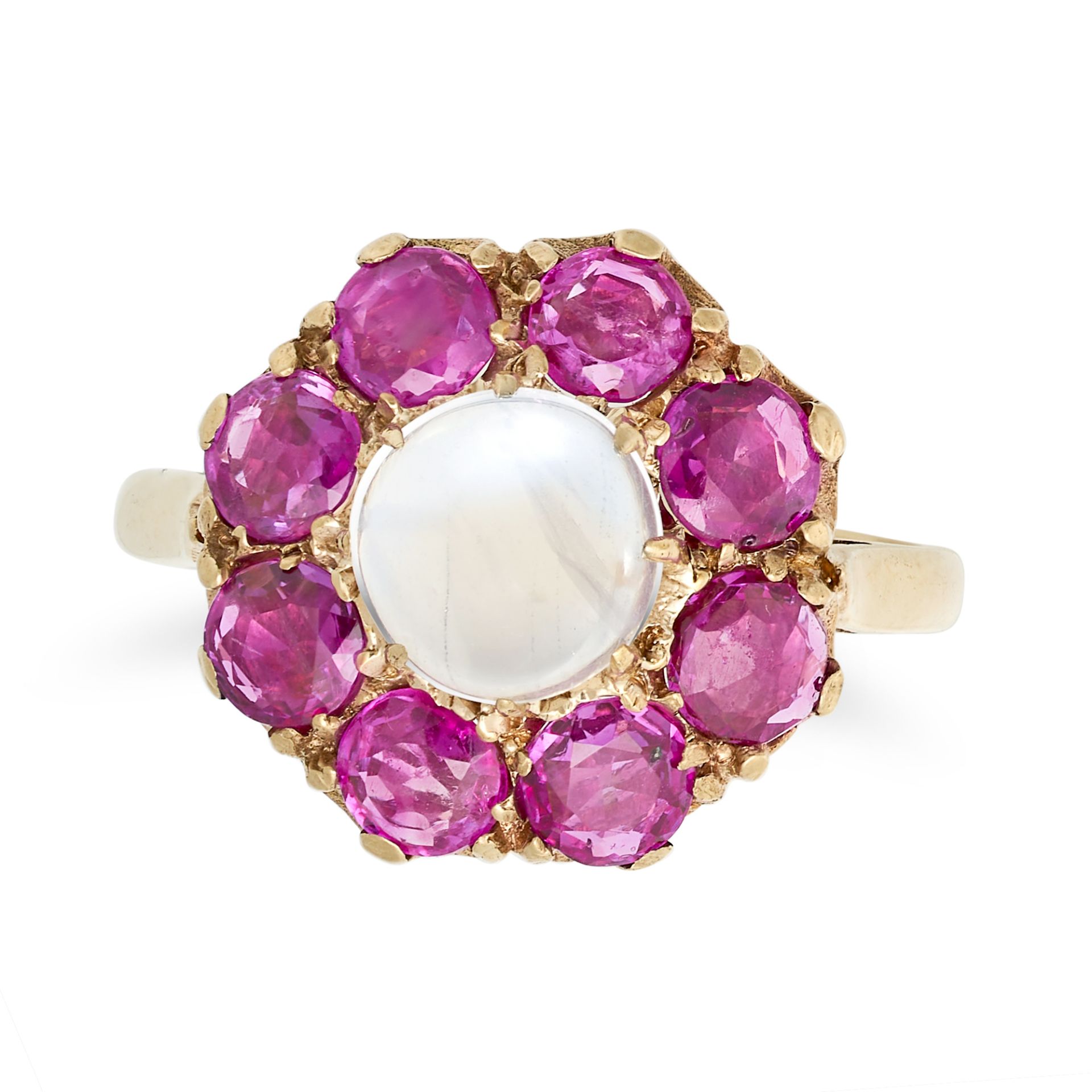 A MOONSTONE AND RUBY CLUSTER RING in 9ct yellow gold, set with a round cabochon moonstone in a cl...
