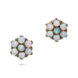 A PAIR OF OPAL CLUSTER STUD EARRINGS in yellow gold, each set with a cluster of round cabochon op...