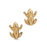 A PAIR OF DIAMOND FROG EARRINGS in yellow gold, each designed as a frog, the eyes set with round ...