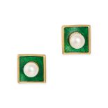 A PAIR OF PEARL AND ENAMEL EARRINGS in yellow gold, the square faces set with a pearl accented by...