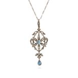 AN AQUAMARINE AND DIAMOND PENDANT NECKLACE the openwork pendant set with a cushion cut aquamarine...